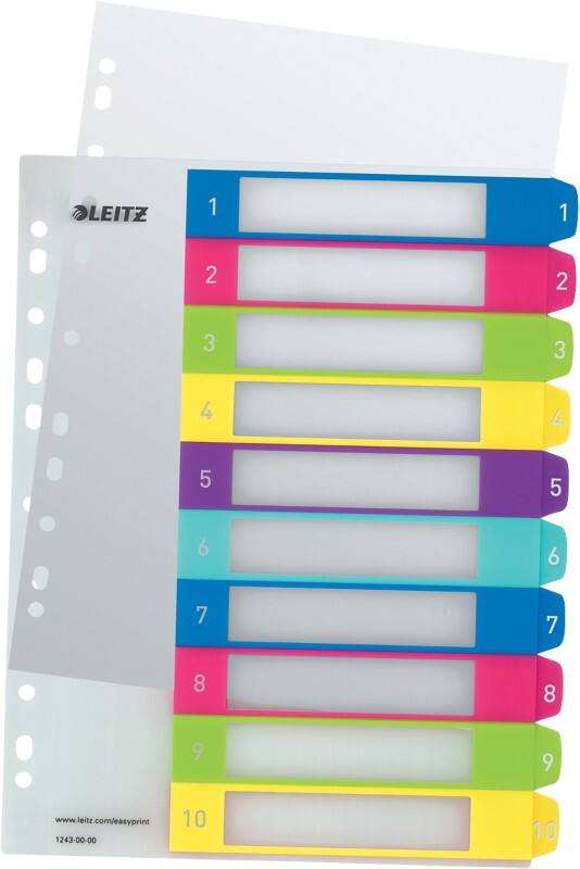 Intercalaires imprimables Leitz WOW 1243 A4 Maxi multicolore 10 onglets 11 trous polypropylène 1 à 10