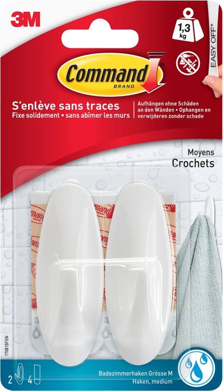 Crochets adhésifs Command™ Blanc Oval Taille Moyenne Résistant à l'eau 2 crochets + 4 languettes de fixation