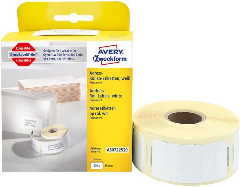AVERY Zweckform Adressetiketten Kompatibel AS0722520 Selbsthaftend Schwarz auf Weiss 25 x 54 mm Thermal 1 Rolle à 500 Etiketten