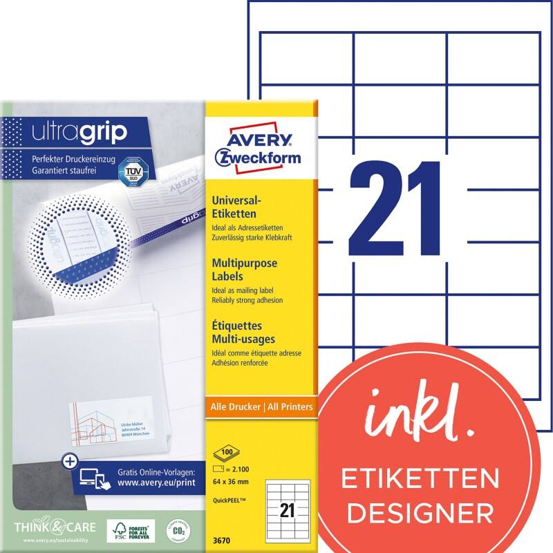 Étiquettes universelles Ultragrip Laser AVERY Zweckform 3670 Adhésif A4 Blanc 64 x 36 mm 100 Feuilles de 21 Étiquettes