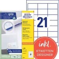 AVERY Zweckform Universaletiketten 3670 Ultragrip Weiss DIN A4 64 x 36 mm 100 Blatt à 21 Etiketten