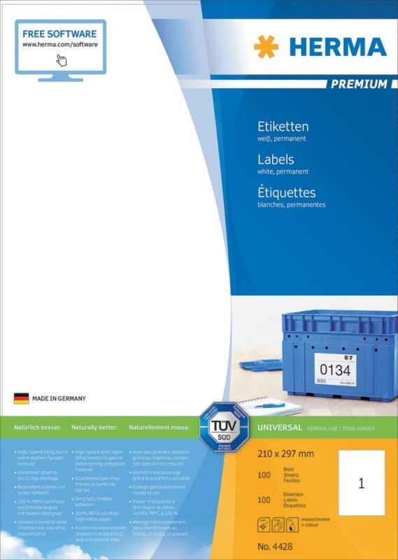 Étiquettes multifonction HERMA Premium 4428 Blanc A4 210 x 297 mm 100 Feuilles de 1 Étiquettes 4428
