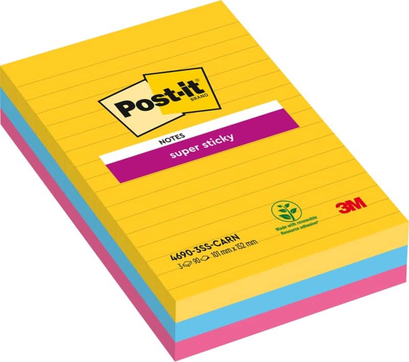 Notes Super Sticky Post-it Rio De Janeiro 101 x 152 mm Assortiment Rectangulaire Ligné 3 Blocs de 90 Feuilles