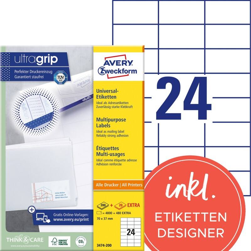 AVERY Zweckform ultragrip Mehrzwecketiketten 3474-200 Selbsthaftend A4 Weiss 70 x 37 mm 220 Blatt à 24 Etiketten