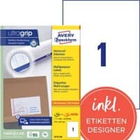 Étiquettes universelles Ultragrip AVERY Zweckform 3478-200 Adhésif A4 Blanc 210 x 297 mm 220 Feuilles de 1 Étiquettes