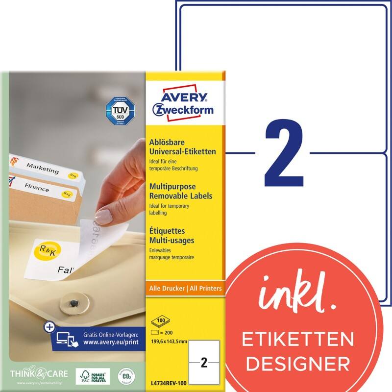 Étiquettes repositionnables AVERY Zweckform L4734REV-100 Stick & Lift Blanc A4 199,6 x 143,5 mm 100 Feuilles de 2 Étiquettes