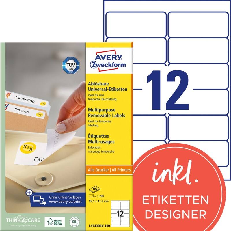 Étiquettes repositionnables AVERY Zweckform L4743REV-100 Blanc A4 99,1 x 42,3 mm 100 Feuilles de 12 Étiquettes