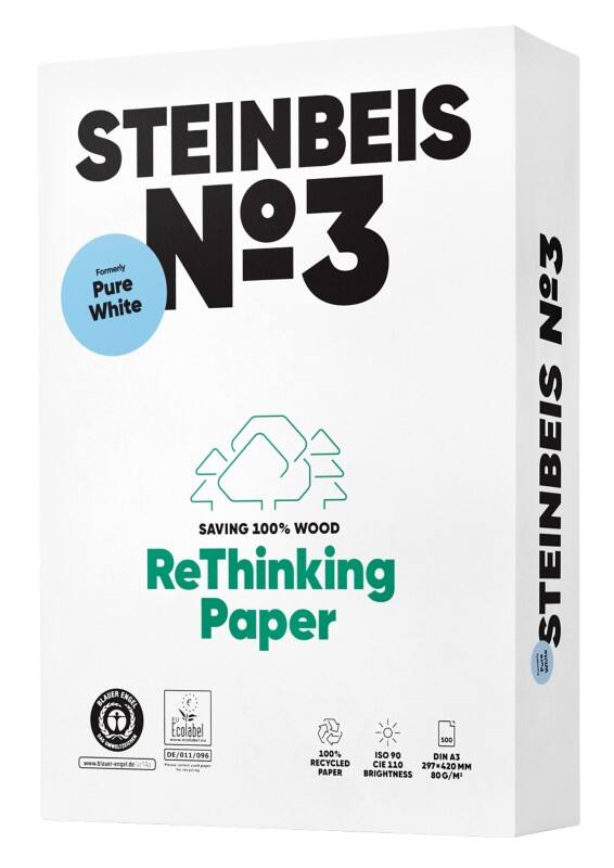 Steinbeis Pure No.3 DIN A3 Druckerpapier 100% Recycelt 80 g/m² Glatt Weiss 500 Blatt
