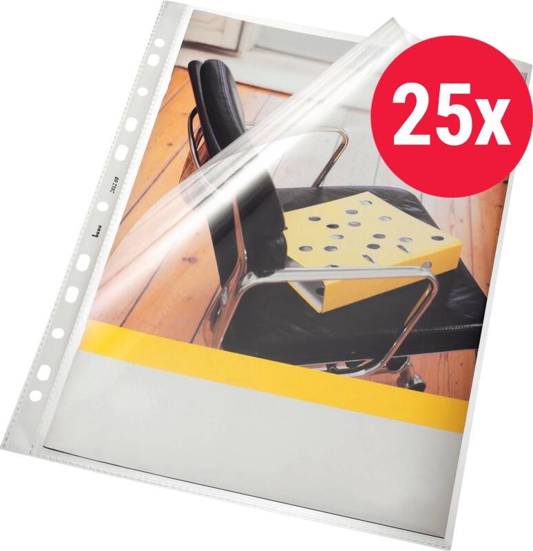 Bene Prospekthüllen A4 Glasklar Transparent 140 Mikron PP (Polypropylen) Öffnung oben und links 11 Löcher 25 Stück