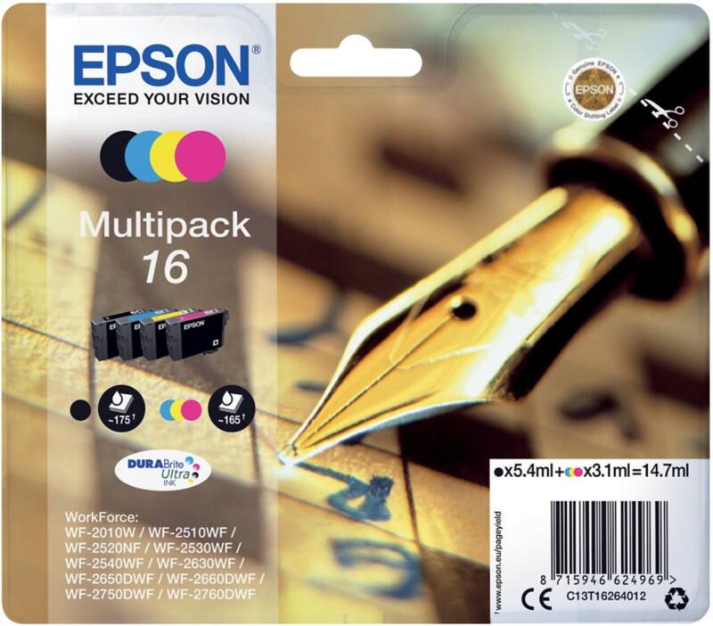 Epson 16 Original Tintenpatrone C13T16264012 Schwarz, Cyan, Magenta, Gelb Multipack 4 Stück