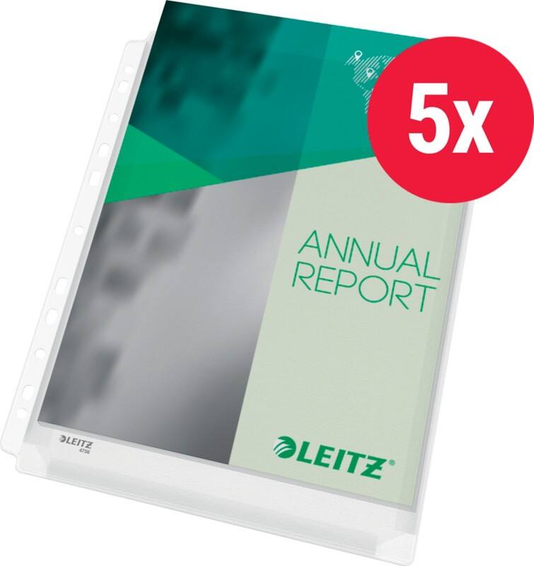 Leitz Premium Maxi Prospekthüllen A4 Genarbt Transparent 170 Mikron PVC (Polyvinylchlorid) Öffnung oben 11 Löcher 47563003 5 Stück